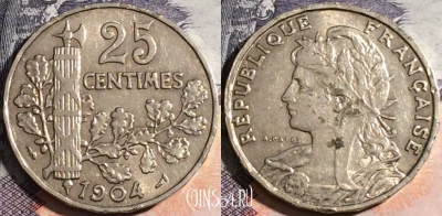 Франция 25 сантимов 1904 года, KM# 856, a133-045