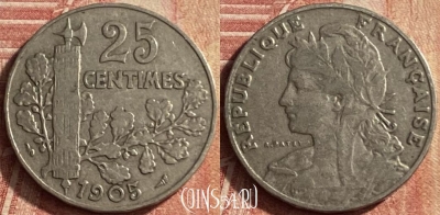 Франция 25 сантимов 1905 года, KM# 856, 120p-082 ♛
