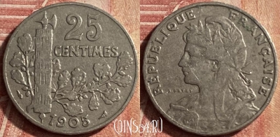 Франция 25 сантимов 1905 года, KM# 856, 120p-089