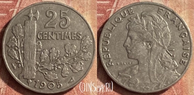 Франция 25 сантимов 1905 года, KM# 856, 120p-134