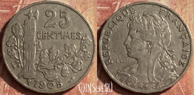 Франция 25 сантимов 1905 года, KM# 856, 121p-012