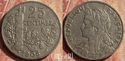 Франция 25 сантимов 1905 года, KM# 856, 128p-056
