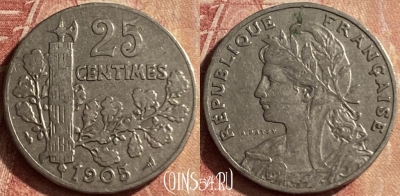 Франция 25 сантимов 1905 года, KM# 856, 128p-084