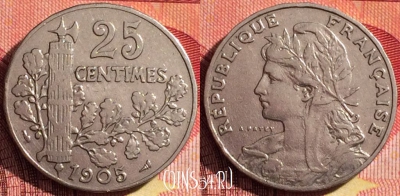Франция 25 сантимов 1905 года, KM# 856, 263i-144