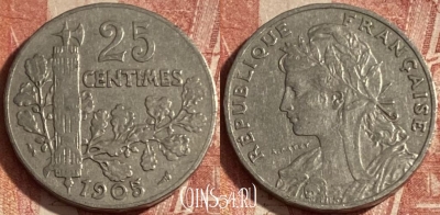 Франция 25 сантимов 1905 года, KM# 856, 265p-087 ♛
