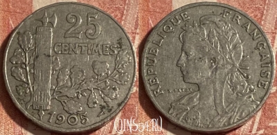 Франция 25 сантимов 1905 года, KM# 856, 266p-029