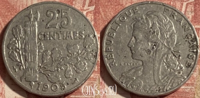 Франция 25 сантимов 1905 года, KM# 856, 287p-028 ♛