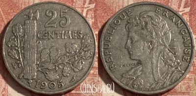 Франция 25 сантимов 1905 года, KM# 856, 287p-055 ♛