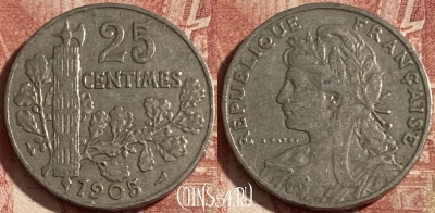 Франция 25 сантимов 1905 года, KM# 856, 288p-028 ♛