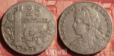 Франция 25 сантимов 1905 года, KM# 856, 348o-054