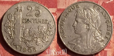 Франция 25 сантимов 1905 года, KM# 856, 348o-060