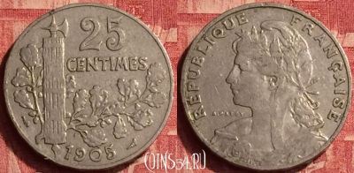 Франция 25 сантимов 1905 года, KM# 856, 358o-144