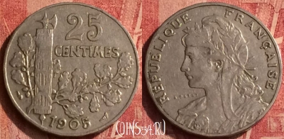 Франция 25 сантимов 1905 года, KM# 856, 365o-100