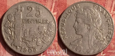 Франция 25 сантимов 1905 года, KM# 856, 365o-134