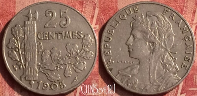 Франция 25 сантимов 1905 года, KM# 856, 365o-137