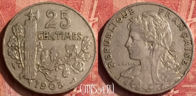 Франция 25 сантимов 1905 года, KM# 856, 366o-037