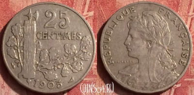 Франция 25 сантимов 1905 года, KM# 856, 370o-039