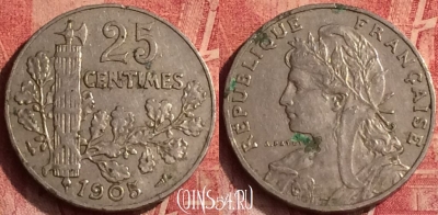 Франция 25 сантимов 1905 года, KM# 856, 374o-031
