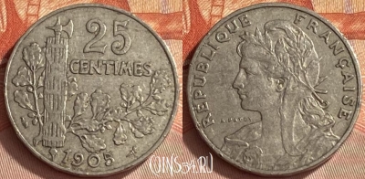 Франция 25 сантимов 1905 года, KM# 856, 412o-115