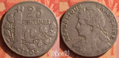 Франция 25 сантимов 1905 года, KM# 856, 439o-096