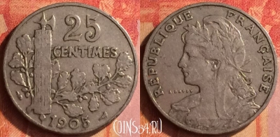Франция 25 сантимов 1905 года, KM# 856, 439o-140
