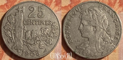 Франция 25 сантимов 1905 года, KM# 856, 446o-025