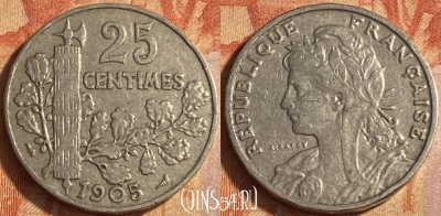 Франция 25 сантимов 1905 года, KM# 856, 446o-052