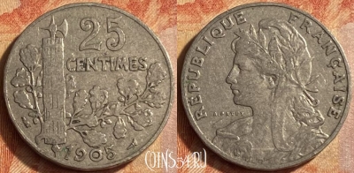 Франция 25 сантимов 1905 года, KM# 856, 451o-120