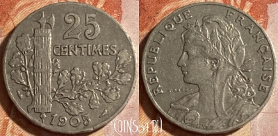 Франция 25 сантимов 1905 года, KM# 856, 491р-023 ♛