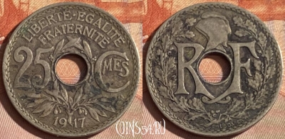 Франция 25 сантимов 1917 года, KM# 867a, 337p-025 ♛