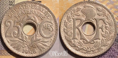 Франция 25 сантимов 1918 года, KM# 867a, 138-019