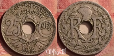 Франция 25 сантимов 1918 года, KM# 867a, 140m-034