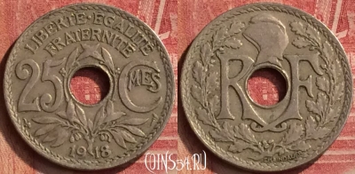 Франция 25 сантимов 1918 года, KM# 867a, 224m-028