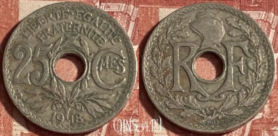 Франция 25 сантимов 1918 года, KM# 867a, 225p-034