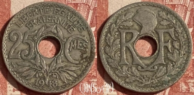 Франция 25 сантимов 1918 года, KM# 867a, 227p-085