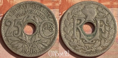 Франция 25 сантимов 1918 года, KM# 867a, 360p-047