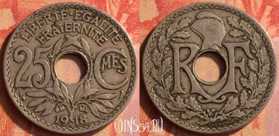 Франция 25 сантимов 1918 года, KM# 867a, 444o-020