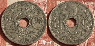 Франция 25 сантимов 1919 года, KM# 867a, 225p-105