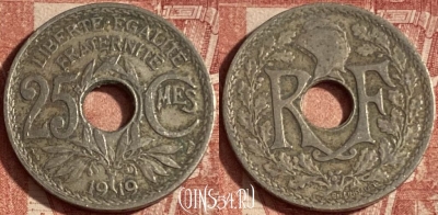 Франция 25 сантимов 1919 года, KM# 867a, 249p-126 ♛