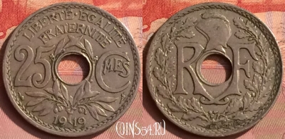 Франция 25 сантимов 1919 года, KM# 867a, 396o-126 ♛