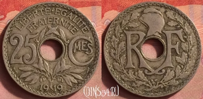 Франция 25 сантимов 1919 года, KM# 867a, 426o-088