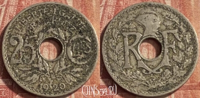 Франция 25 сантимов 1920 года, KM# 867a, 088p-091
