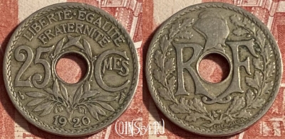 Франция 25 сантимов 1920 года, KM# 867a, 222p-073