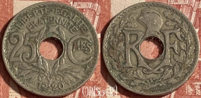 Франция 25 сантимов 1920 года, KM# 867a, 225p-033