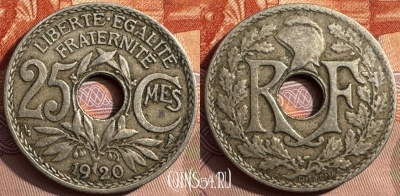 Франция 25 сантимов 1920 года, KM# 867a, 347s-135