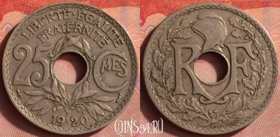 Франция 25 сантимов 1920 года, KM# 867a, 429o-124