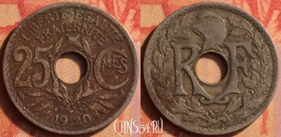 Франция 25 сантимов 1920 года, KM# 867a, 441o-044