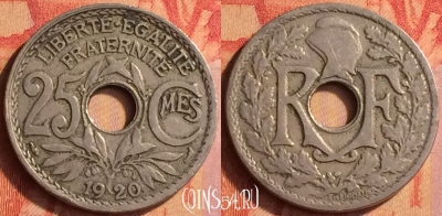 Франция 25 сантимов 1920 года, KM# 867a, 442o-076