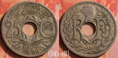 Франция 25 сантимов 1920 года, KM# 867a, 443o-030