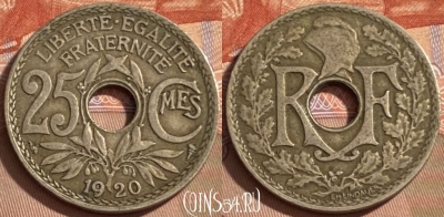 Франция 25 сантимов 1920 года, KM# 867a, 486р-096 ♛